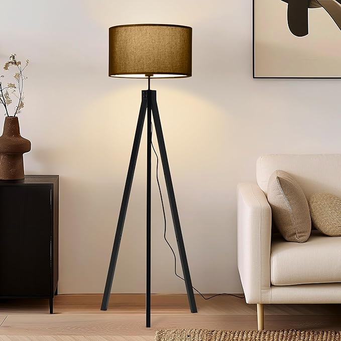 Brightech Eden Tripod LED Floor Lamp – Mid Century Dimmable Modern Light for Contemporary Living Rooms - Tall Free Standing Lamp with Solid Wood Legs for Bedroom, Office - Classic Black - LeafyLoom