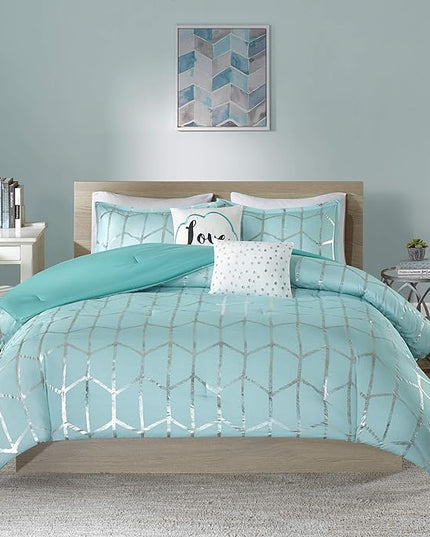 Intelligent Design Raina Full / Queen Comforter Set, Soft Microfiber Comforter Set Queen, Modern Geometric Metallic Bed Set, 5 Pieces College Bedding Comforter Set with 2 Shams, 2 Toss Pillows Aqua - LeafyLoom