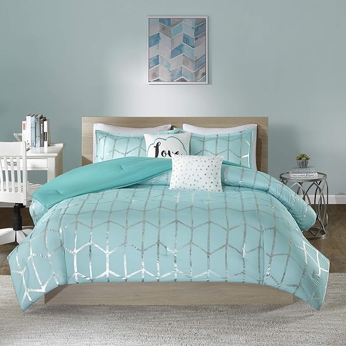 Intelligent Design Raina Full / Queen Comforter Set, Soft Microfiber Comforter Set Queen, Modern Geometric Metallic Bed Set, 5 Pieces College Bedding Comforter Set with 2 Shams, 2 Toss Pillows Aqua - LeafyLoom
