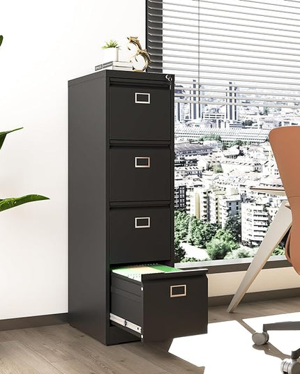 4 Drawer File Cabinet, Metal Vertical File Cabinets with Lock for Home Office, Heavy Duty Office Steel Filing Cabinet for Hanging Files for A4/ Legal/Letter,Assembly Required (Black) - LeafyLoom