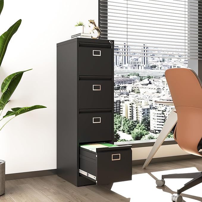 4 Drawer File Cabinet, Metal Vertical File Cabinets with Lock for Home Office, Heavy Duty Office Steel Filing Cabinet for Hanging Files for A4/ Legal/Letter,Assembly Required (Black) - LeafyLoom