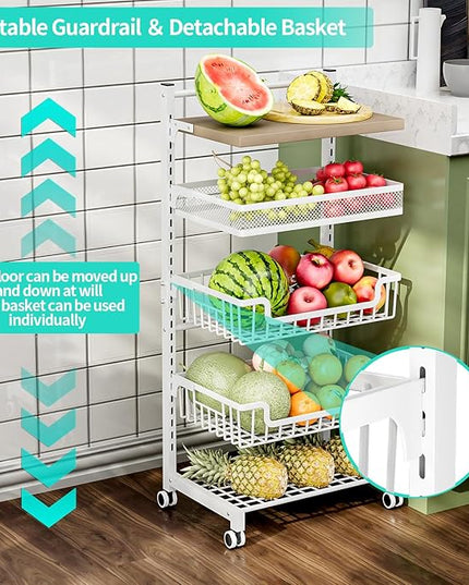 HapiRm Fruit Basket Vegetable Basket - 5 Tier Adjustable Kitchen Storage Cart, Wooden Top Table Fruit and Vegetable Car Snack Cart with Wheels, Metal Mesh and Wire Storage Basket for Onions Potatoes - LeafyLoom