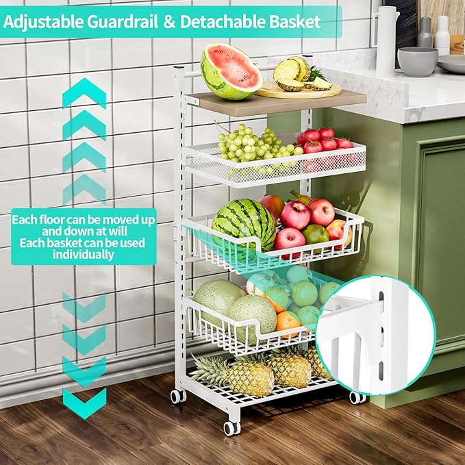 HapiRm Fruit Basket Vegetable Basket - 5 Tier Adjustable Kitchen Storage Cart, Wooden Top Table Fruit and Vegetable Car Snack Cart with Wheels, Metal Mesh and Wire Storage Basket for Onions Potatoes - LeafyLoom