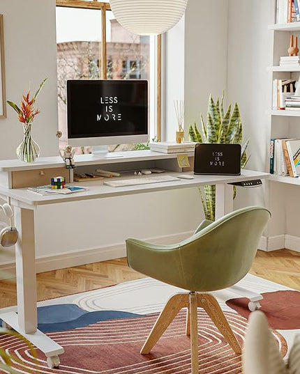 FEZIBO 55 x 24 Inch Height Adjustable Electric Standing Desk with Double Drawer, Stand Up Desk with Storage Shelf, Sit Stand Desk, White - LeafyLoom