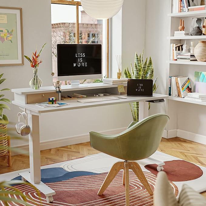 FEZIBO 55 x 24 Inch Height Adjustable Electric Standing Desk with Double Drawer, Stand Up Desk with Storage Shelf, Sit Stand Desk, White - LeafyLoom