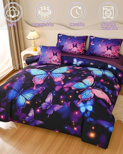 DORCAS Butterfly Comforter Sets for Girls,Full Size Butterfly Bedding Sets Girls,6 Pieces Girls Bedding Sets Full with Comforter Sheets for Teens Kids - LeafyLoom