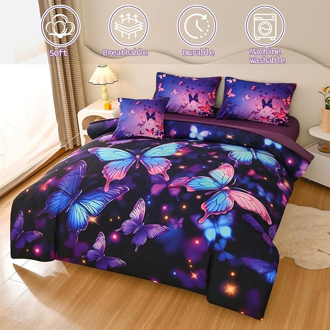 DORCAS Butterfly Comforter Sets for Girls,Twin Size Butterfly Bedding Sets Girls,6 Pieces Girls Bedding Sets Twin with Comforter Sheets for Teens Kids - LeafyLoom