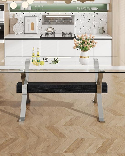 NicBex Dining Table Modern Tempered Glass Dining Table Large Modern Office Desk with Silver Plated Metal Legs and MDF Crossbars, Suitable for Both Home and Office Use, Silver + Black - LeafyLoom
