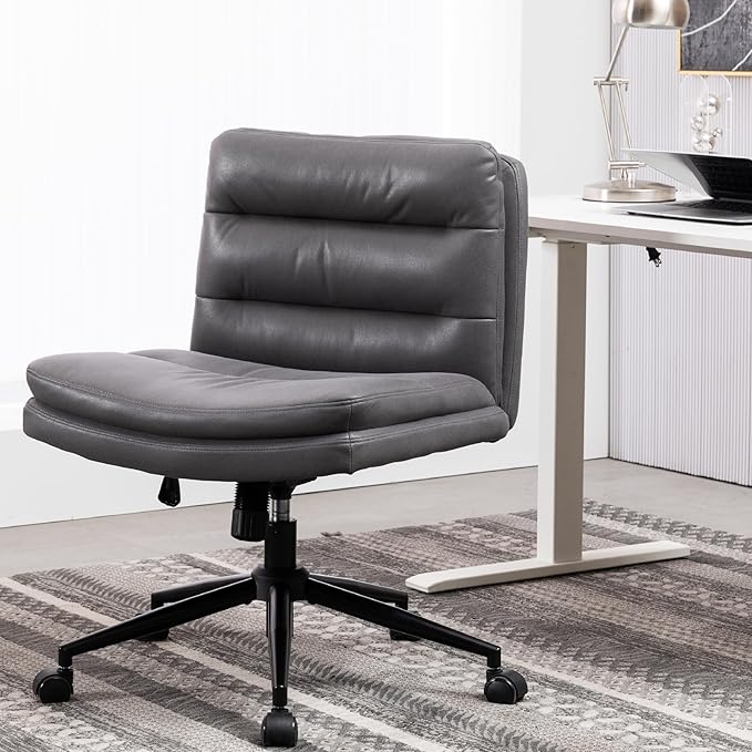 Armless Office Chair with Wheels Wide Desk Chair Leather Mid Back Accent Chair Padded Swivel Vanity Chair for Girl Women Computer Task Chair for Home Office (Suede Fabric,Gray) - LeafyLoom
