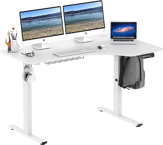 SHW 55-Inch L-Shaped Electric Height Adjustable L-Shaped Standing Desk with Right Facing Corner, White - LeafyLoom