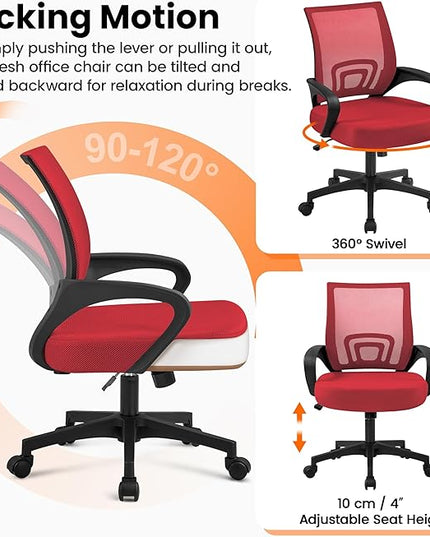 Yaheetech Office Chair Desk Chair Mid Back Mesh Task Chair Computer Chair Ergonomic Rolling Swivel Chair Adjustable Executive Chair with Lumbar Support Armrests, Red - LeafyLoom