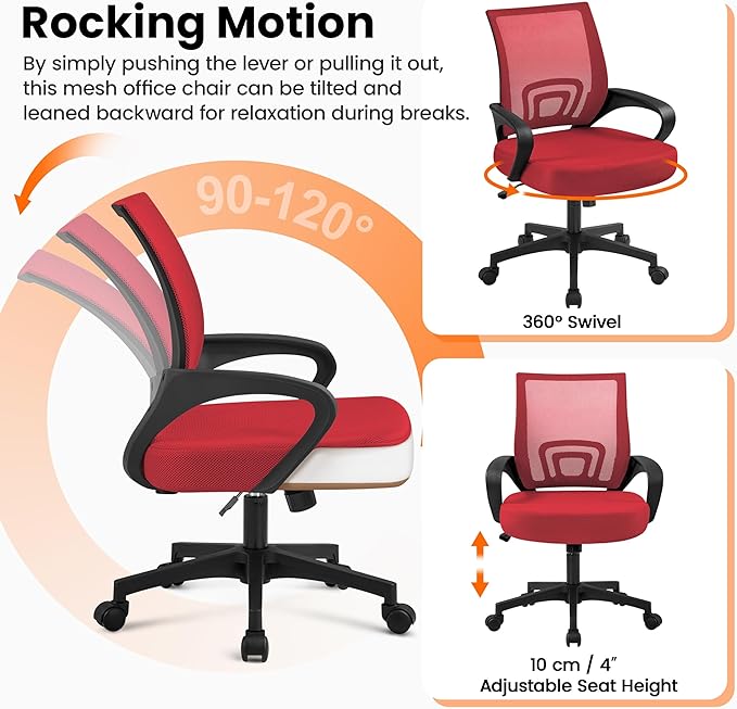 Yaheetech Office Chair Desk Chair Mid Back Mesh Task Chair Computer Chair Ergonomic Rolling Swivel Chair Adjustable Executive Chair with Lumbar Support Armrests, Red - LeafyLoom
