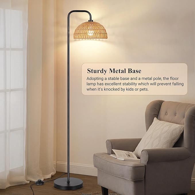 PARTPHONER Rattan Floor Lamp, 68'Standing Lamp for Living Room with 3 Color Temperatures Adjustable Tall Reading Lamp for Bedroom Office, Bulb Include - LeafyLoom