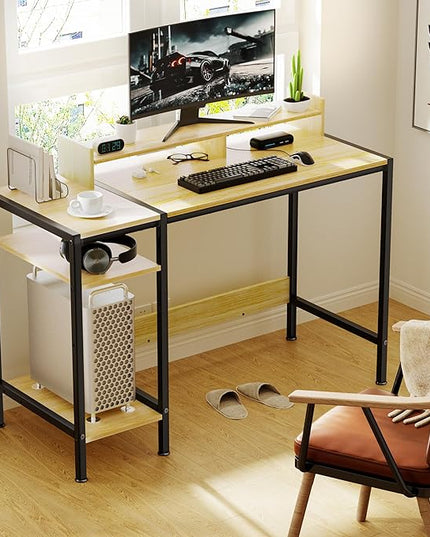 Small Computer Gaming Desk - 47” Home Office Desk with Storage, Monitor Stand for 2 Monitors, Adjustable Storage Space, Writing,Modern Design Corner Table, Beech. - LeafyLoom