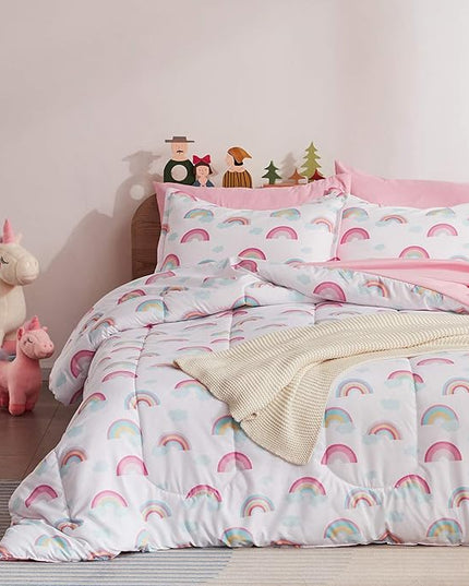 SLEEP ZONE Kids Twin Bedding Comforter Set - Super Cute & Soft Kids Bedding 5 Pieces Set with Comforter, Sheet, Pillowcase & Sham (Pink Rainbow) - LeafyLoom
