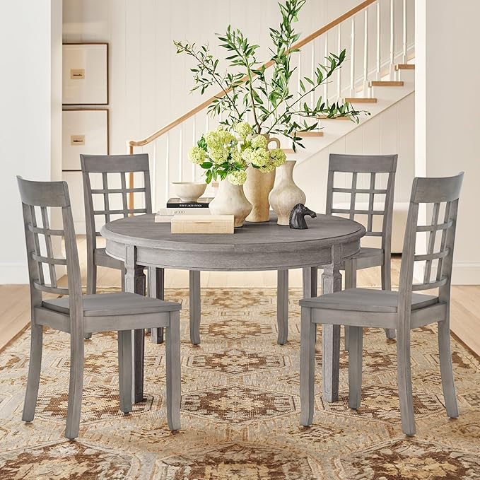 COLAMY Wooden Dining Chairs Set of 6, Nine-Square High Back Kitchen Side Chair, Farmhouse Dining Chairs for Kitchen and Dining Room, Light Grey - LeafyLoom