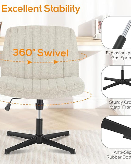 Criss Cross Chair, Cross Legged Office Chair, Wide Comfty Desk Chair, No Wheels Armless Computer Task Chair, Swivel Fabric Vanity Home Chair, Height Adjustable - LeafyLoom