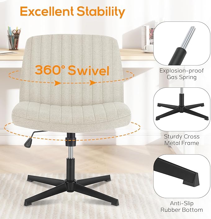 Criss Cross Chair, Cross Legged Office Chair, Wide Comfty Desk Chair, No Wheels Armless Computer Task Chair, Swivel Fabric Vanity Home Chair, Height Adjustable - LeafyLoom