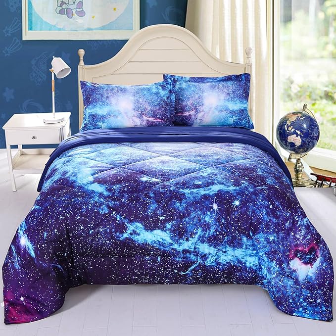 Wowelife Galaxy Bedding Comforter Set Full 5 Pieces Blue Outer Space Kids Full Size Comforter Bed Set for Teen Boys and Girls Lightweight with Comforter, Flat Sheet, Fitted Sheet and 2 Pillowcases - LeafyLoom