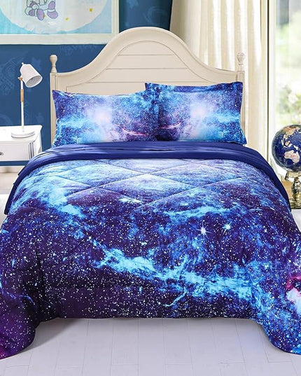 Wowelife Galaxy Bedding Sets for Girls and Boys 5-Piece Queen Size, Premium 3D Outer Space Galaxy Comforter Set Blue, Comfortable and Soft for Kids and Adults(Queen-5 Piece, Blue Galaxy) - LeafyLoom