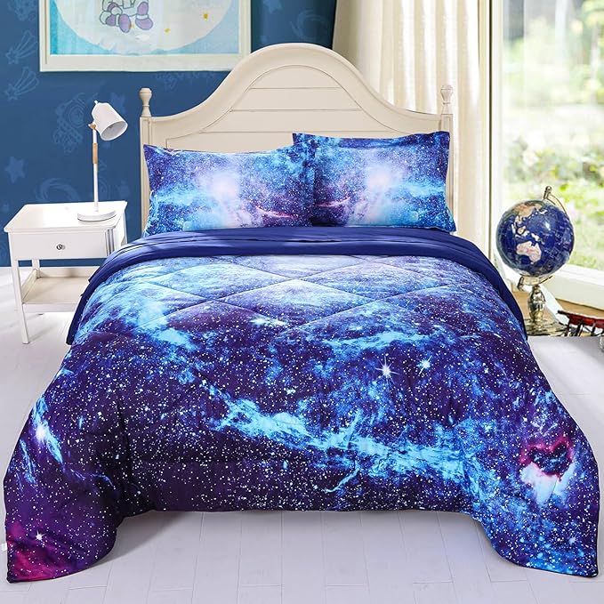 Wowelife Galaxy Bedding Sets for Girls and Boys 5-Piece Queen Size, Premium 3D Outer Space Galaxy Comforter Set Blue, Comfortable and Soft for Kids and Adults(Queen-5 Piece, Blue Galaxy) - LeafyLoom