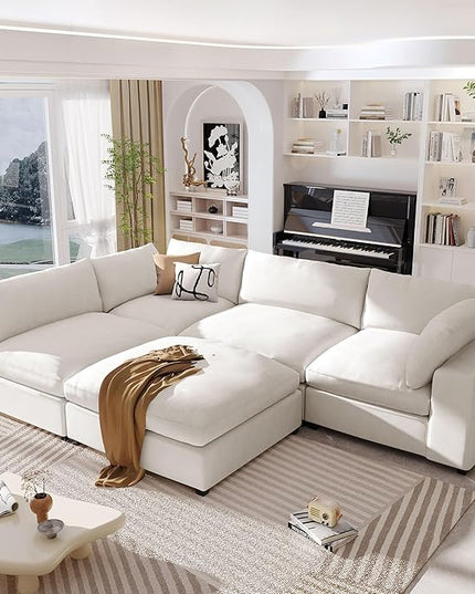 176.4 inch Oversized Sectional Sofa with Removable Ottoman, 5-Seater L Shaped Modular Corner Couch for Living Room, Office, Spacious Space, Beige - LeafyLoom