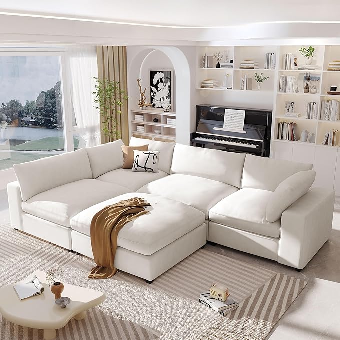 176.4 inch Oversized Sectional Sofa with Removable Ottoman, 5-Seater L Shaped Modular Corner Couch for Living Room, Office, Spacious Space, Beige - LeafyLoom
