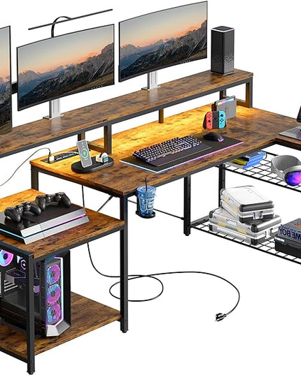 Bestier 71.5 inch Computer Desk with Power Outlets, LED Large Home Office Desk with Monitor Stand, L Shaped Corner Desk with Printer Stand Adjustable Shelf, Cup Holder & Headset Hooks, Brown - LeafyLoom
