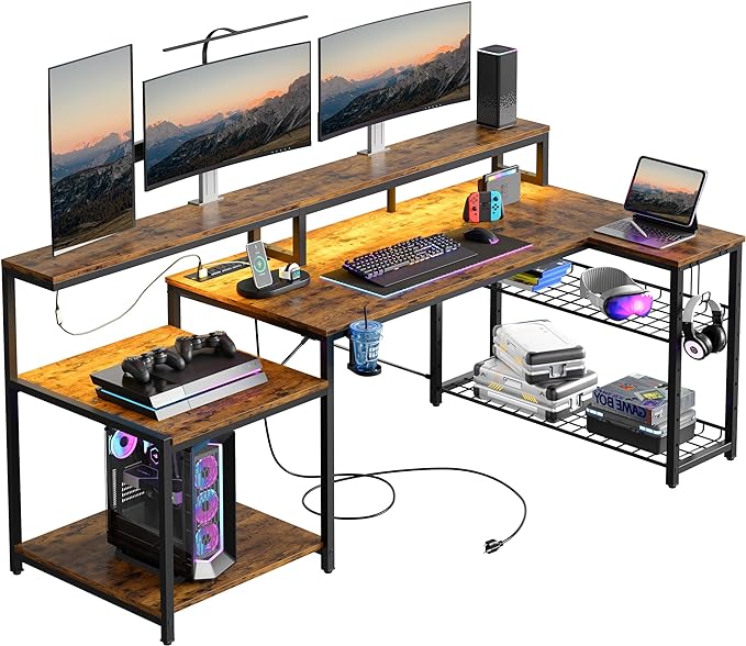 Bestier 71.5 inch Computer Desk with Power Outlets, LED Large Home Office Desk with Monitor Stand, L Shaped Corner Desk with Printer Stand Adjustable Shelf, Cup Holder & Headset Hooks, Brown - LeafyLoom