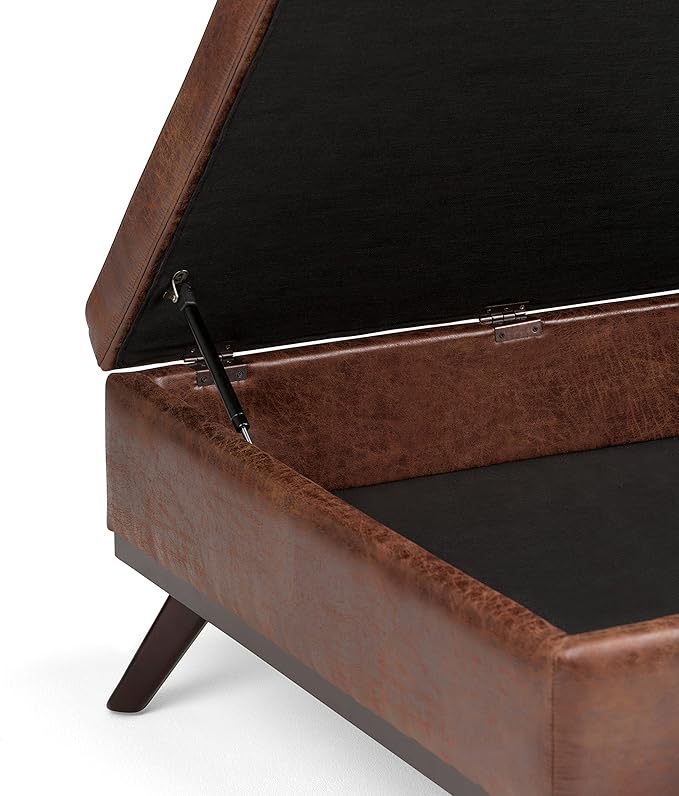 SIMPLIHOME Owen 36 Inch Wide Mid Century Modern Square Coffee Table Lift Top Storage Ottoman in Upholstered Distressed Saddle Brown Faux Leather, For the Living Room - LeafyLoom
