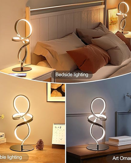 Modern Table Lamp, LED Spiral Lamp, Stepless Dimmable Bedside Lamp, Contemporary Nightstand Lamp, Chrome Desk Lamp for Bedroom Living Room Home Office, 12W - LeafyLoom