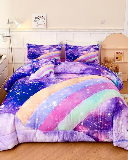 6Pcs Purple Rainbow Twin Size Bedding Set for Girls Gradient Glitter Kids Comforter Sets Tie Dye Girls Bed Set Sparkle Galaxy Bed in A Bag with Sheets - LeafyLoom
