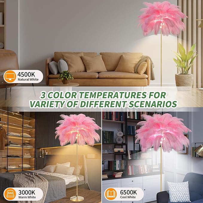 Feather Lamp, Natural Ostrich Feather Floor Lamp for Living Room, 63in Height, 3 Color Temperatures Bright LED Bulbs, Modern Funky Tall Lamp Standing Light for Bedroom (Pink) - LeafyLoom