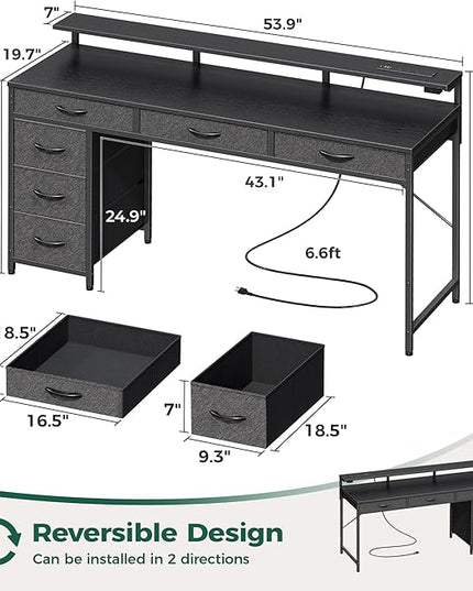 Gaming Desk with 6 Drawers, Computer Desk with LED Lights Power Outlets and Type-C, 54 Inch Office Desk with Storage, Monitor Stand, Writing Desk Work Desk Home Office, Bedroom, Study, Black - LeafyLoom