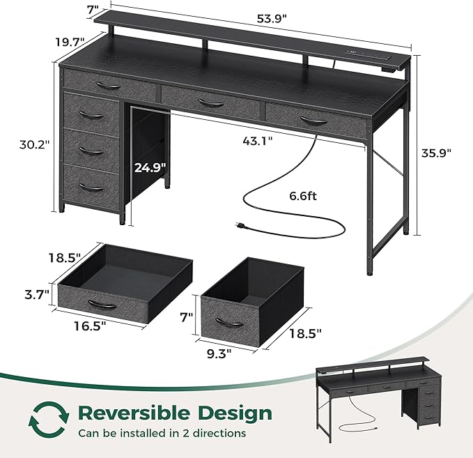 Gaming Desk with 6 Drawers, Computer Desk with LED Lights Power Outlets and Type-C, 54 Inch Office Desk with Storage, Monitor Stand, Writing Desk Work Desk Home Office, Bedroom, Study, Black - LeafyLoom