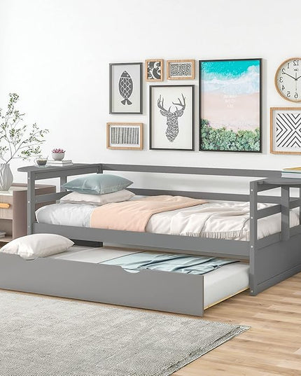 Merax Classic Wood Daybed with Trundle Twin/Twin Sofa Bed with Two Foldable Shelves for Bedroom Living Room,No Box Spring Needed,Space Saving Gray - LeafyLoom