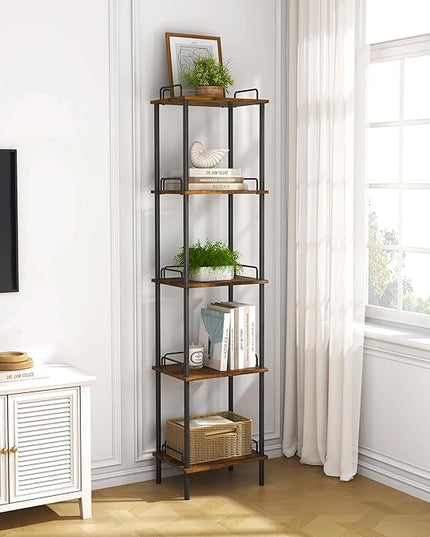 5-Tier Tall Bookshelf, Narrow Bookcase with guardrail, Freestanding Storage Stand Display Rack for Living Room, Bedroom, Home Office, Rustic Brown and Black - LeafyLoom