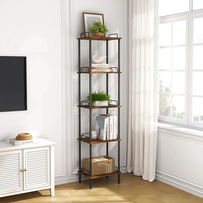 5-Tier Tall Bookshelf, Narrow Bookcase with guardrail, Freestanding Storage Stand Display Rack for Living Room, Bedroom, Home Office, Rustic Brown and Black - LeafyLoom