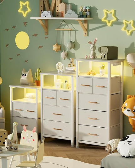 Furnulem 4 Drawer Dresser with Led Light and Charging Station, White Night Stand with Storage Shelf and Fabric & PVC Drawer, 33 Inch Bedside Table, Tall Nightstand for Entryway, Bedroom Furniture - LeafyLoom