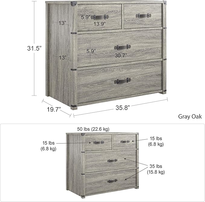 Little Seeds Nova 4 Drawer Storage Grey Dresser, Gray Oak - LeafyLoom