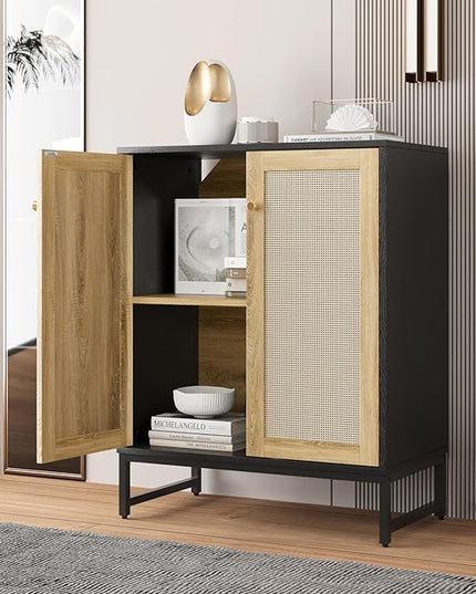 Sideboard Buffet Cabinet, Storage Cabinet with Double Rattan Doors, Modern Rattan Sideboard Cabinet, Kitchen Storage Cabinet with Metal Feet, for Entryway, Bedroom, Living Room (Black) - LeafyLoom