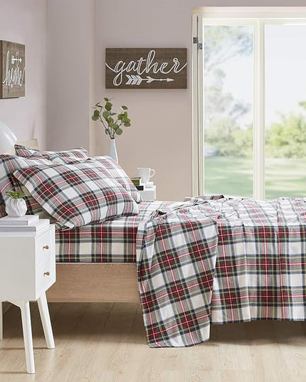 Comfort Spaces Cotton Flannel Breathable Warm Deep Pocket Sheets With Pillow Case Bedding, Twin, Scottish Plaid Red, 3 Piece - LeafyLoom