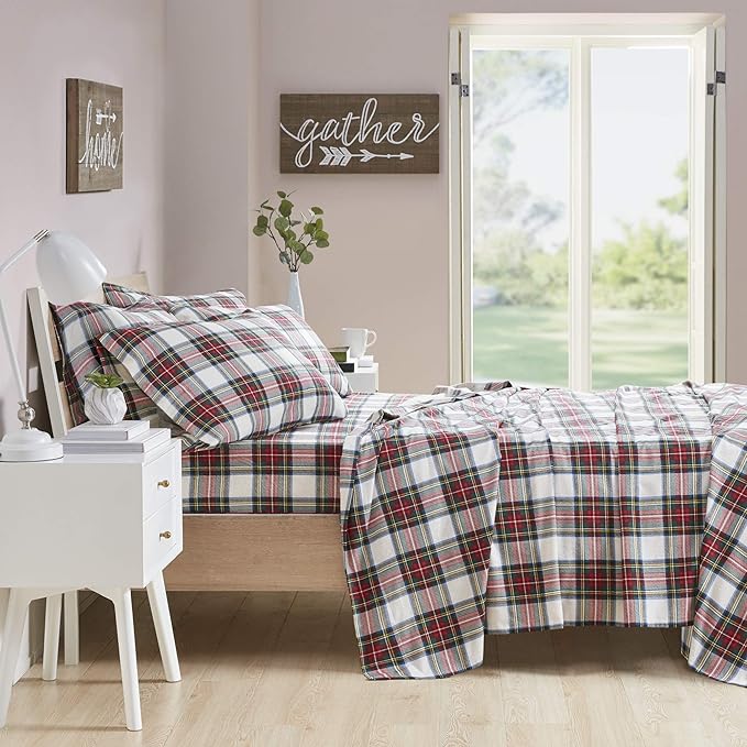 Comfort Spaces Cotton Flannel Breathable Warm Deep Pocket Sheets With Pillow Case Bedding, Twin, Scottish Plaid Red, 3 Piece - LeafyLoom