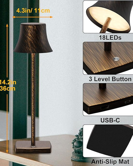 SAKRINGT 2 Pack LED Cordless Table Lamps Rechargeable,5000mAh Battery Operated Table Light,3 Color Stepless Dimming,Portable Small Desk Lamp in Aluminum for Party Patio Restaurant Outdoor - LeafyLoom