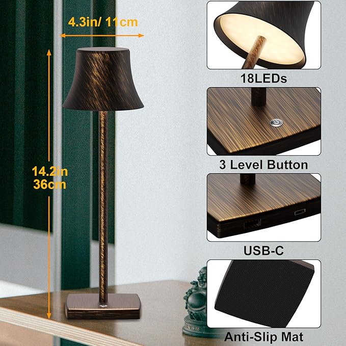 SAKRINGT 2 Pack LED Cordless Table Lamps Rechargeable,5000mAh Battery Operated Table Light,3 Color Stepless Dimming,Portable Small Desk Lamp in Aluminum for Party Patio Restaurant Outdoor - LeafyLoom