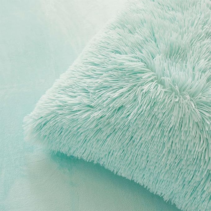FOPPA Green fluffy Comforter Cover Set king- Ultra Soft fluffy green Bedding Sets 3 Pieces (1 Duvet Cover + 2 Pillow case) green fluffy bed set (Mint Green, King) - LeafyLoom