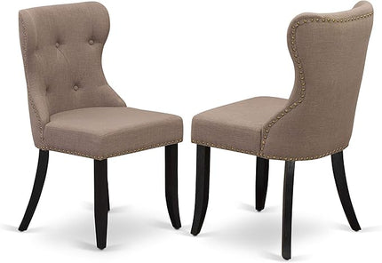 East West Furniture AMSI3-ABK-48 Antique 3 Piece Modern Set Contains a Round Kitchen Table with Pedestal and 2 Coffee Linen Fabric Parsons Dining Chairs, 36x36 Inch - LeafyLoom