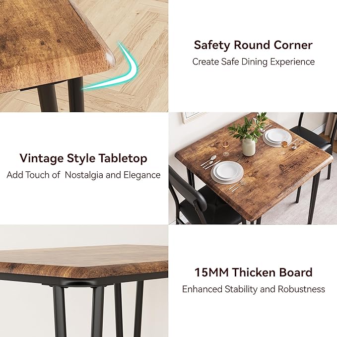 Dining Table for 2, Small Square kitchen Dinner Table Set for 2,Space Saving Wood Modern Dinette With Upholstered,Dining Room Furniture for Breakfast Nook, Apartment,Home Office Small Space,3 Piece - LeafyLoom