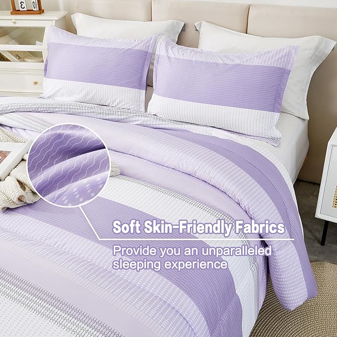 Litanika Lavender Comforter Set Queen - 3 Pieces Lightweight Lavender Purple White Colorblock Stripe Fluffy Bedding Comforter Sets, All Season Bed Set - LeafyLoom