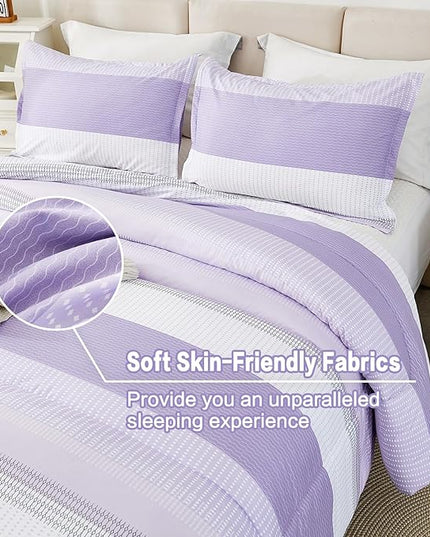 Litanika Lavender Purple Comforter Set Full Size, 3 Pieces Girls Women Lightweight Bedding Comforter Set, All Season Purple White Colorblock Fluffy Bed Set - LeafyLoom